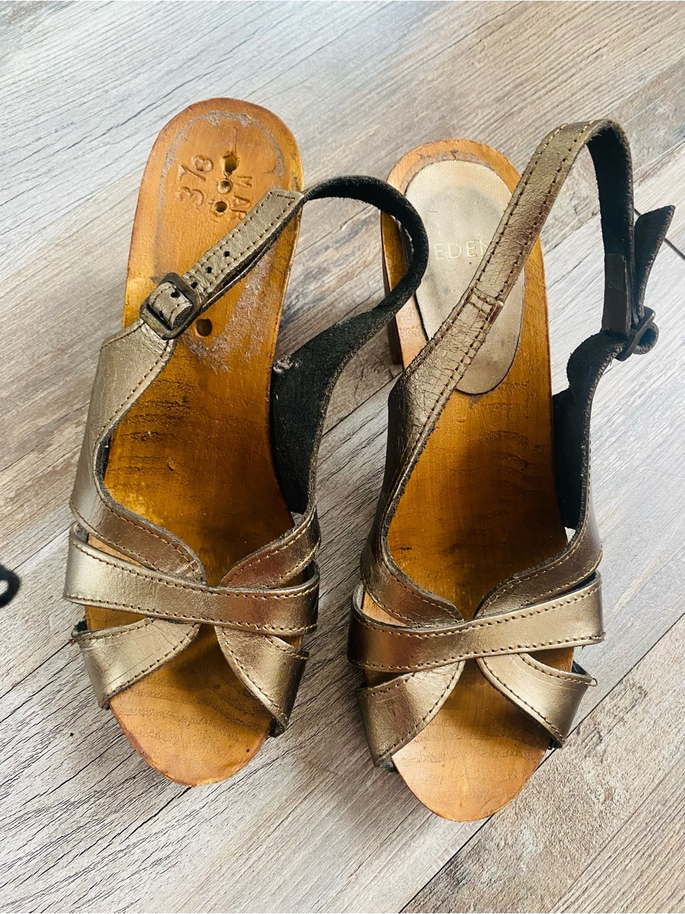 Metallic Bronze Slingback Sandals with Cross-Strap Detail